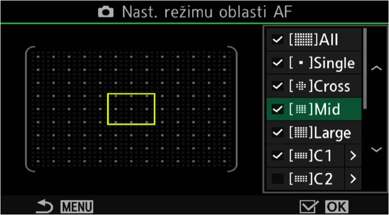 Střední velikost sestavy AF bodů
