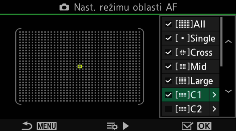 První volitelná sestava bodů. Nejpřesnější usazení AF bodu, kdy se posouvá po všech AF bodech